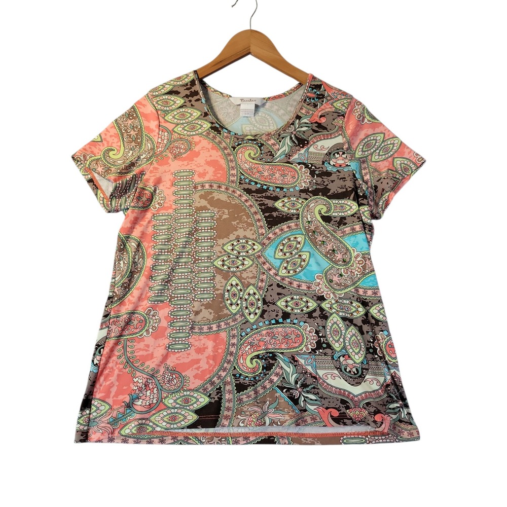 TanJay Paisley Print Short Sleeve Top S Rhinestone Accent Stretch Knit Blouse